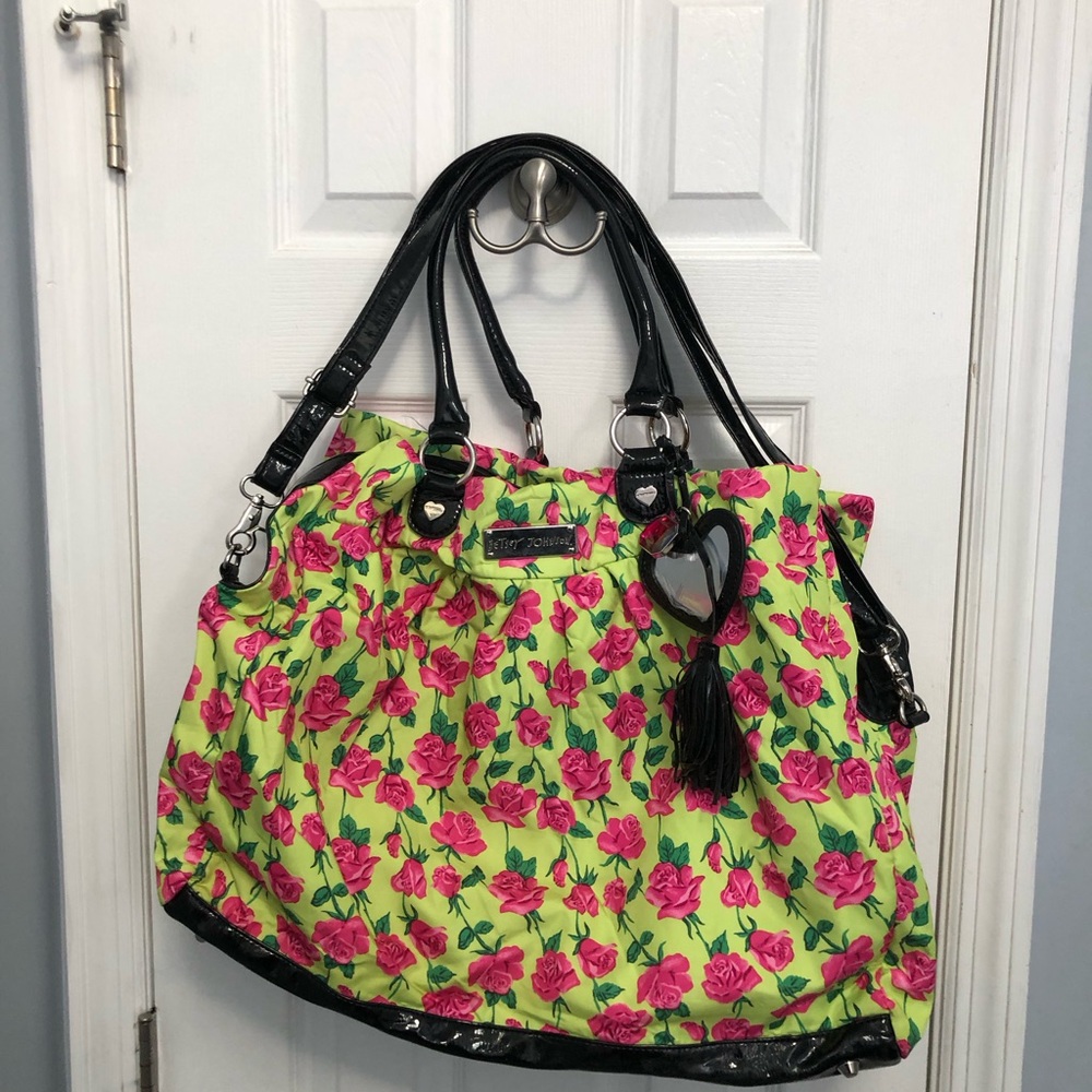 Betsey Johnson Floral Tote Bag Large Black Trim Pink Roses Neon Artsy weekender